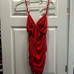 Red Ruched Dress with Bow & Cutout